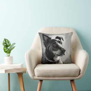 Black and Silver Dog Portrait Painting Throw Pillow