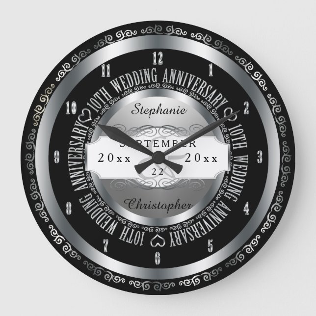 Black and Silver Elegant 10th Wedding Anniversary Large Clock (Front)