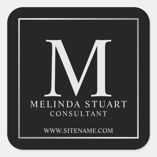 Black and Silver Elegant Monogram Business Square Sticker (Front)
