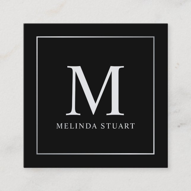 Black and Silver Elegant Monogram Square Business Card (Front)