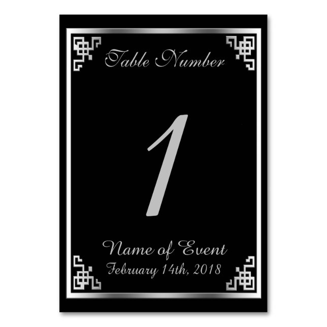 Black and Silver Elegant Table Number Card (Front)