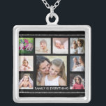 Black And Silver Family Quote 9 Photo Collage  Silver Plated Necklace<br><div class="desc">Unique photo collage necklace to personalize with 9 pictures . Family is everything quote typography makes the picture frame necklace a keepsake for family members.</div>