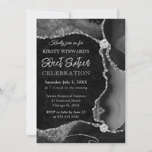 Black and Silver Faux Glitter Agate Sweet 16 Invitation