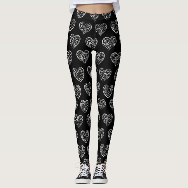 Black and Silver Filigree Hearts Leggings (Front)