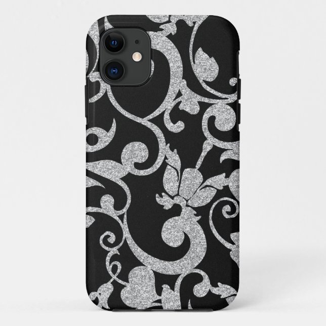 Black and Silver Floral Glitter iPhone Case (Back)