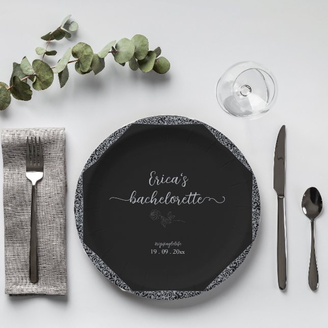 Black and Silver Floral Gothic Bachelorette Party Paper Plate (Creator Uploaded)
