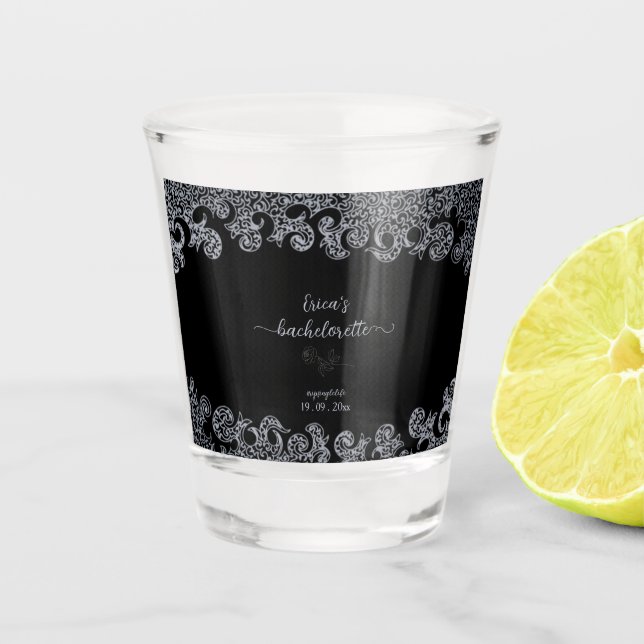 Black and Silver Floral Gothic Bachelorette Party Shot Glass (Front)