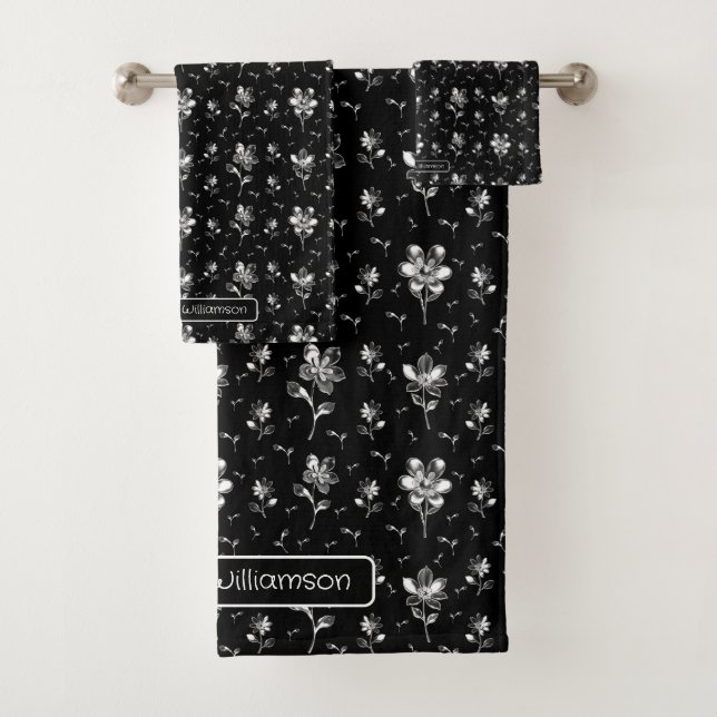 Black And Silver Floral Personalized Bath Towel Set (Insitu)