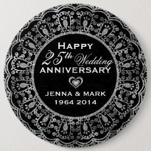 Black And Silver Floral Wreath 25th Anniversary 6 Inch Round Button