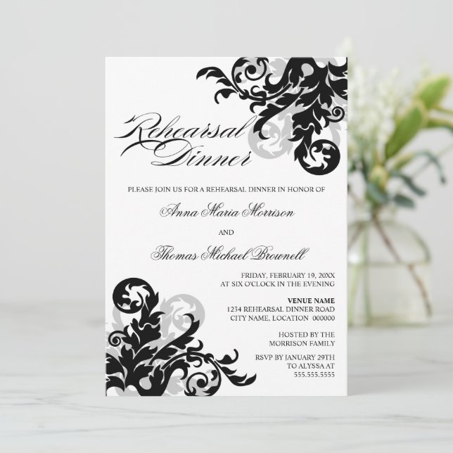 Black and Silver Flourish Rehearsal Dinner Invitation (Standing Front)