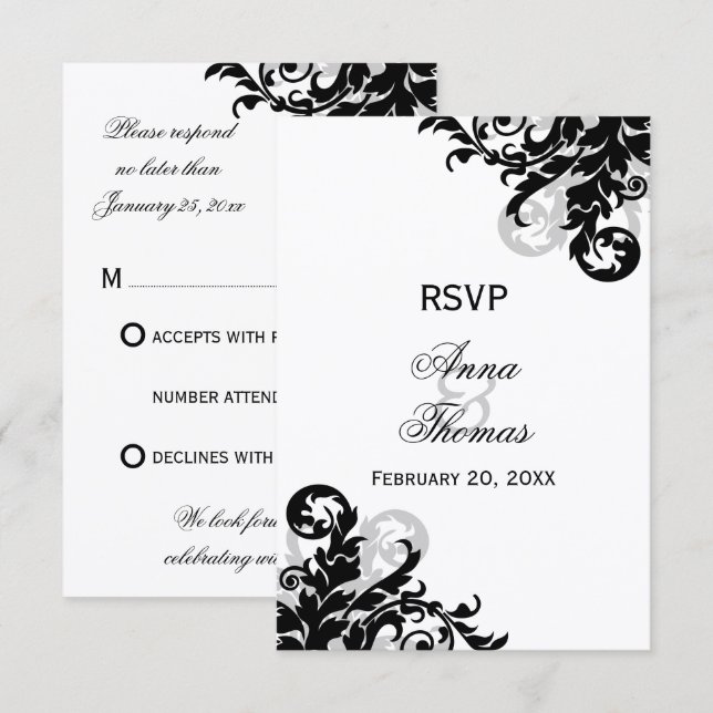 Black and Silver Flourish Wedding RSVP Cards (Front/Back)