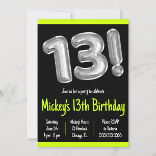 Black and Silver Foil Balloons 13th Birthday Party Invitation