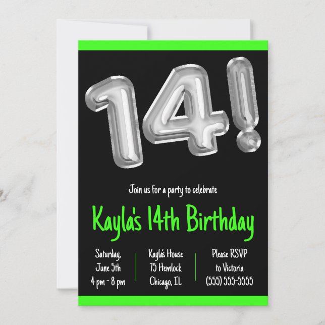 Black and Silver Foil Balloons 14th Birthday Party Invitation (Front)