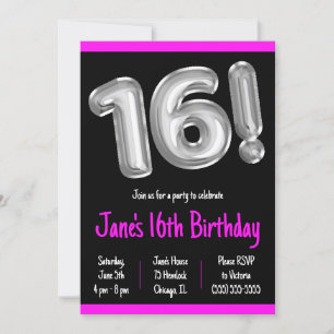 Black and Silver Foil Balloons 16th Birthday Party Invitation