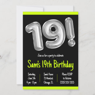Black and Silver Foil Balloons 19th Birthday Party Invitation