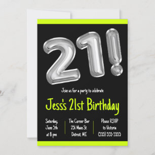 Black and Silver Foil Balloons 21st Birthday Party Invitation