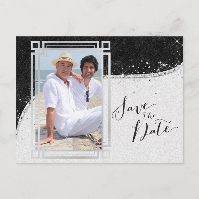 Black and Silver Gay Photo Save the Date Postcard (Front)