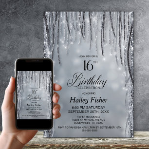 Black and Silver Glitter 16th Birthday Party Invitation