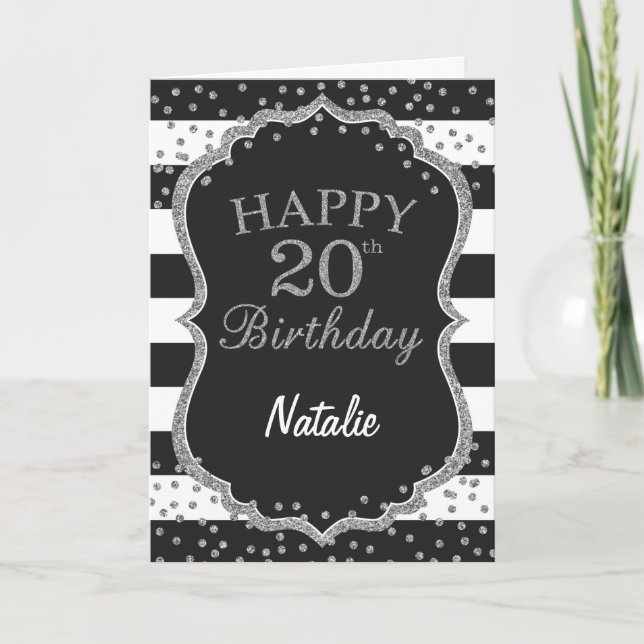 Black and Silver Glitter 20th Birthday Card (Front)