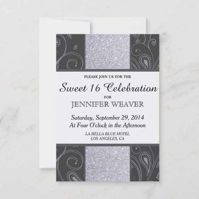 Black and Silver Glitter and Swirls Design Invitation (Front)