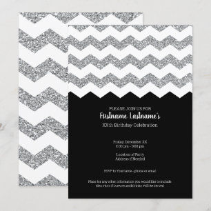 Black and Silver Glitter Chevrons Birthday Party Invitation
