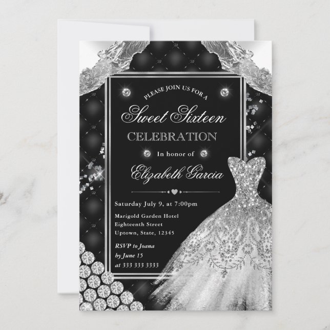 Black and Silver Glitter Dress Sweet Sixteen Invitation (Front)