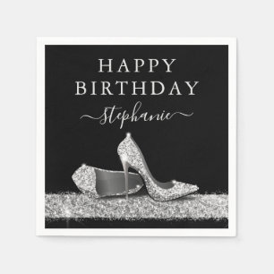 Black and Silver Glitter High Heels Birthday Napkin