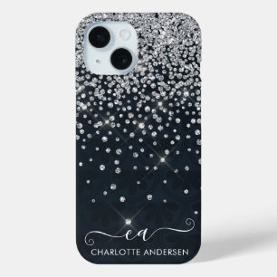 Black and Silver Glitter Jeweled Monogram Name  iPhone 15 Case