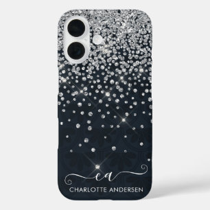Black and Silver Glitter Jewelled Monogram Name  iPhone 16 Case