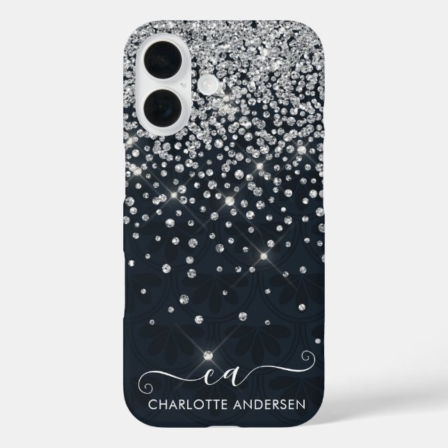Black and Silver Glitter Jewelled Monogram Name  Case-Mate iPhone Case (Back)