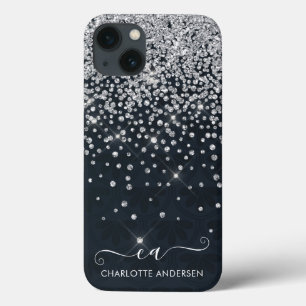 Black and Silver Glitter Jewelled Monogram Name  iPhone 13 Case
