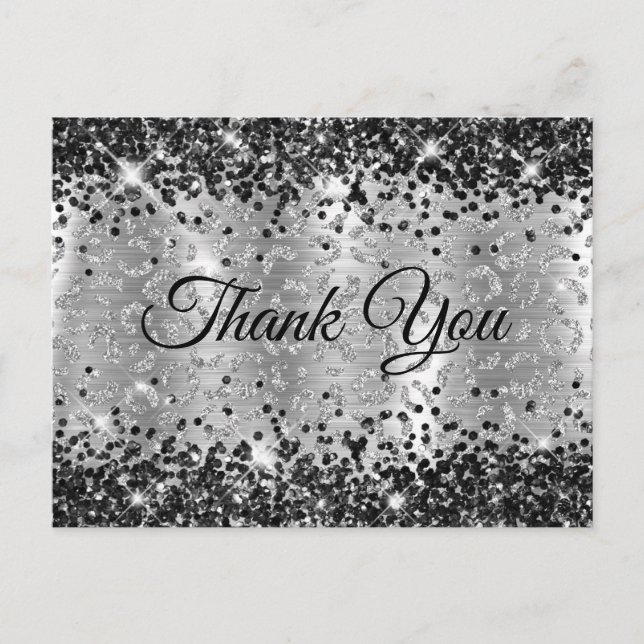 Black and Silver Glitter Leopard Foil Thank You Postcard (Front)