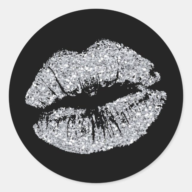 Black and Silver Glitter Lips Classic Round Sticker (Front)