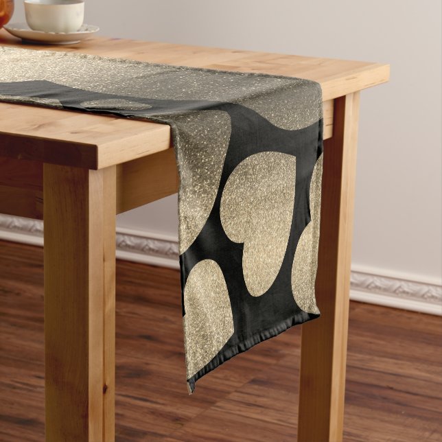 Black and Silver Glitter Love Valentines Day Heart Short Table Runner (In Situ)