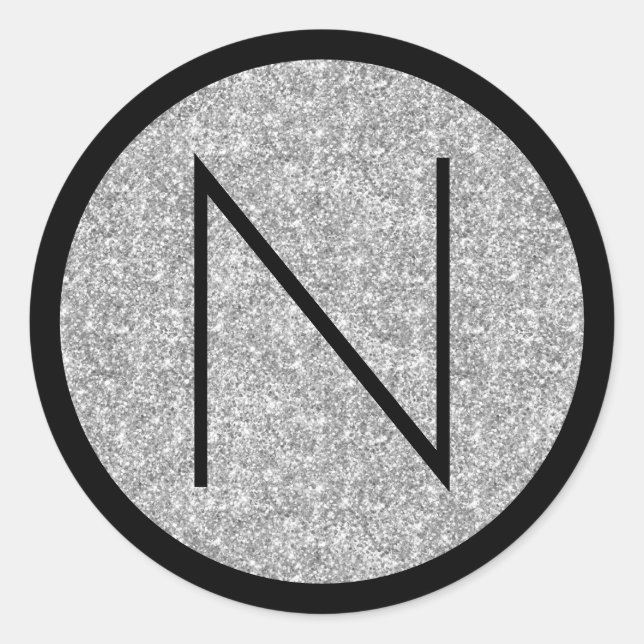 Black and Silver Glitter Monogram Classic Round Sticker (Front)