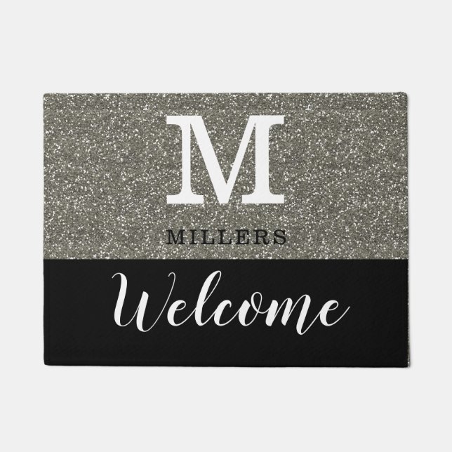 Black And Silver Glitter Monogram Name Welcome Doormat (Front)