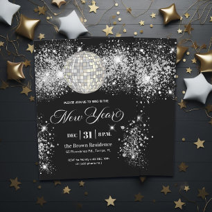 Black and Silver Glitter New Year's Eve Party Invitation