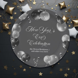 Black and Silver Glitter New Year's Eve Party  Paper Plate