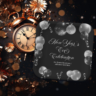 Black and Silver Glitter New Year's Eve Party Paper Plate