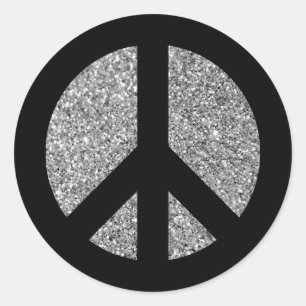 Black and Silver Glitter Photo Peace Symbol Classic Round Sticker