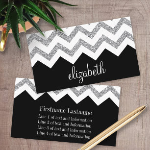 Black and Silver Glitter Print Chevron and Name Business Card