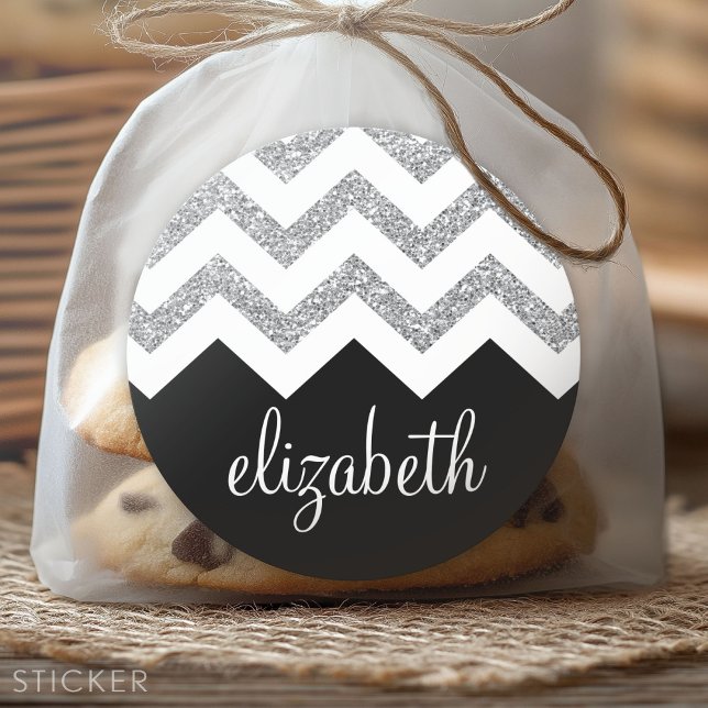 Black and Silver Glitter Print Chevron and Name Classic Round Sticker (Custom Sticker for Party Favors and Envelopes)