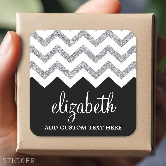 Black and Silver Glitter Print Chevron and Name Square Sticker (Custom Sticker - Personalize with your info for a party favor or gift)
