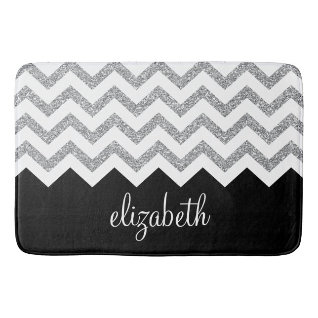 Black and Silver Glitter Print Chevrons and Name Bath Mat (Front)