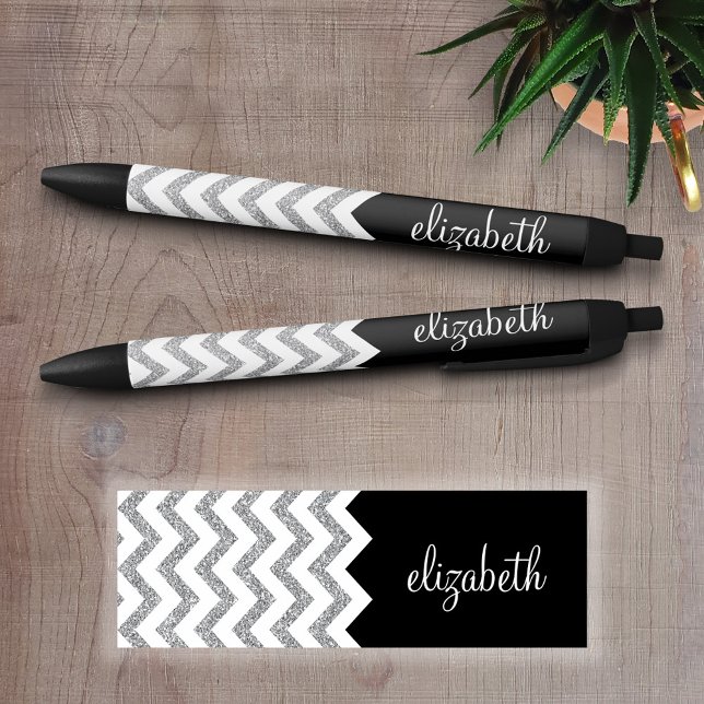 Black and Silver Glitter Print Chevrons and Name Black Ink Pen (Personalized Writing Pens - add your name, monogram or other text)
