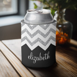 Black and Silver Glitter Print Chevrons and Name Can Cooler