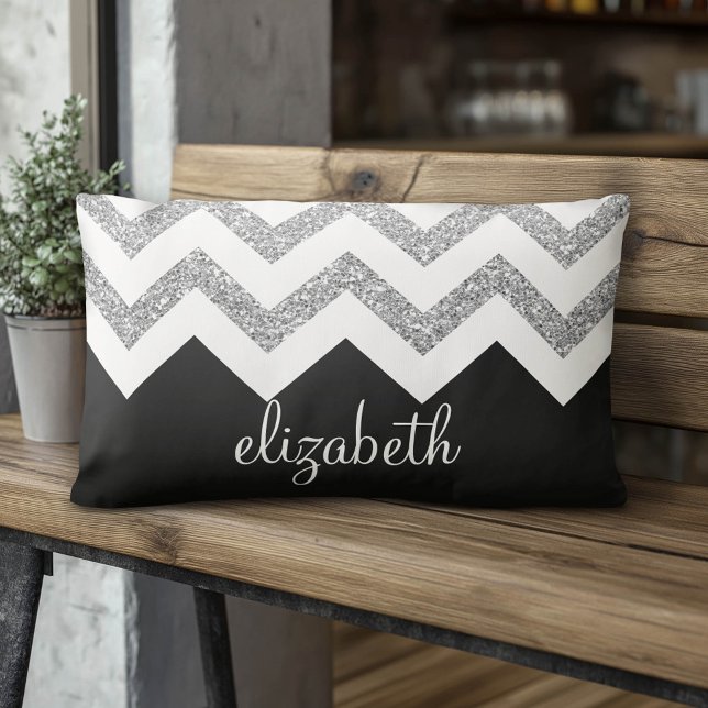 Black and Silver Glitter Print Chevrons and Name Lumbar Pillow (Custom Pillow)