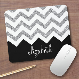 Black and Silver Glitter Print Chevrons and Name Mouse Pad