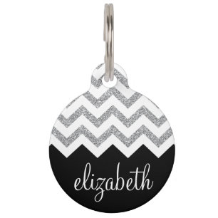 Black and Silver Glitter Print Chevrons and Name Pet Tag