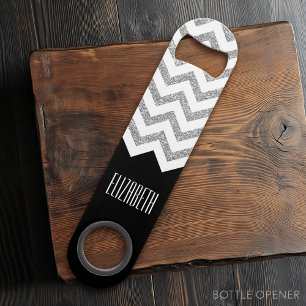 Black and Silver Glitter Print Chevrons and Name Speed Bottle Opener